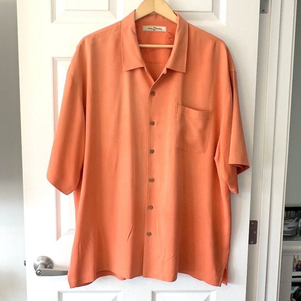Peach-Colour Tommy Bahama Short Sleeve Weaved Silk/Cotton Shirt!